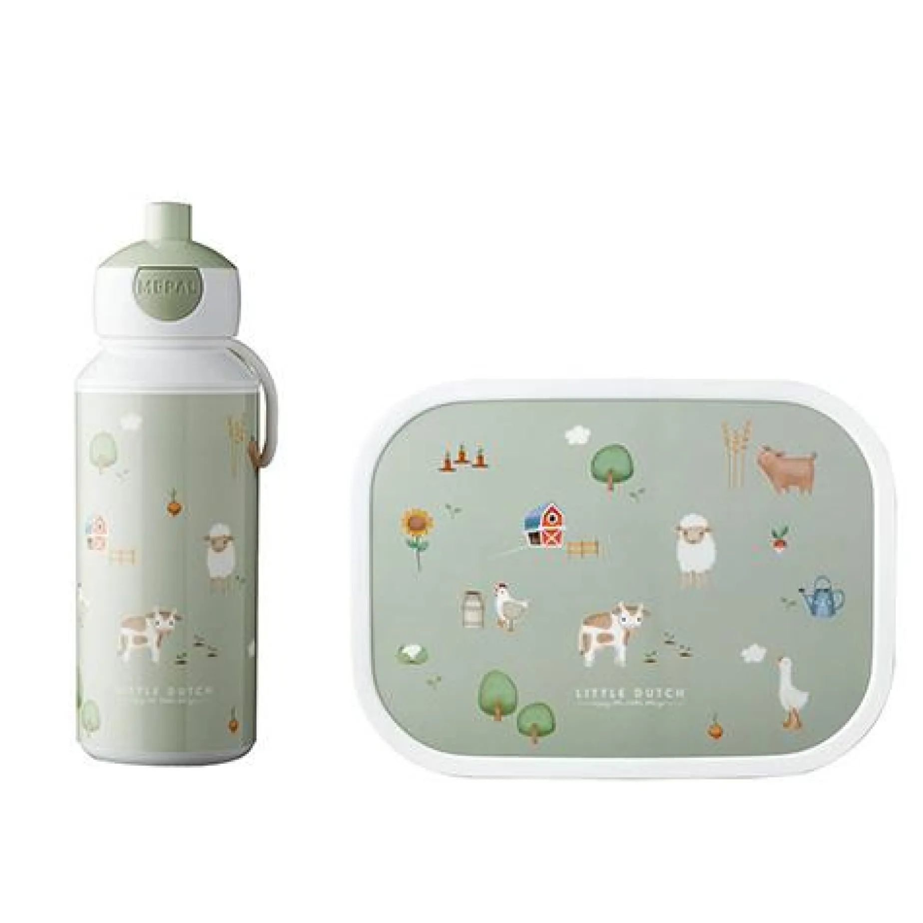 Lunchset - Pop-up drinkfles en lunchbox - Groen - Little Farm